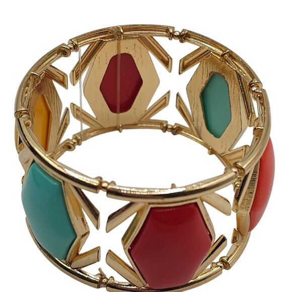 Boho Modern Chic Stmt GoldTone Red/Yellow/Aqua Gem Geometric Bangle Bracelet - Picture 8 of 13